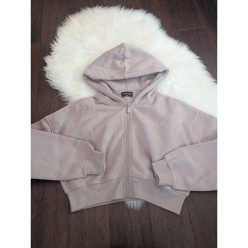 White Fox Stay Lifted Cropped Hoodie Cinnamon Dusty Pink Hooded Zip Jacket S/M